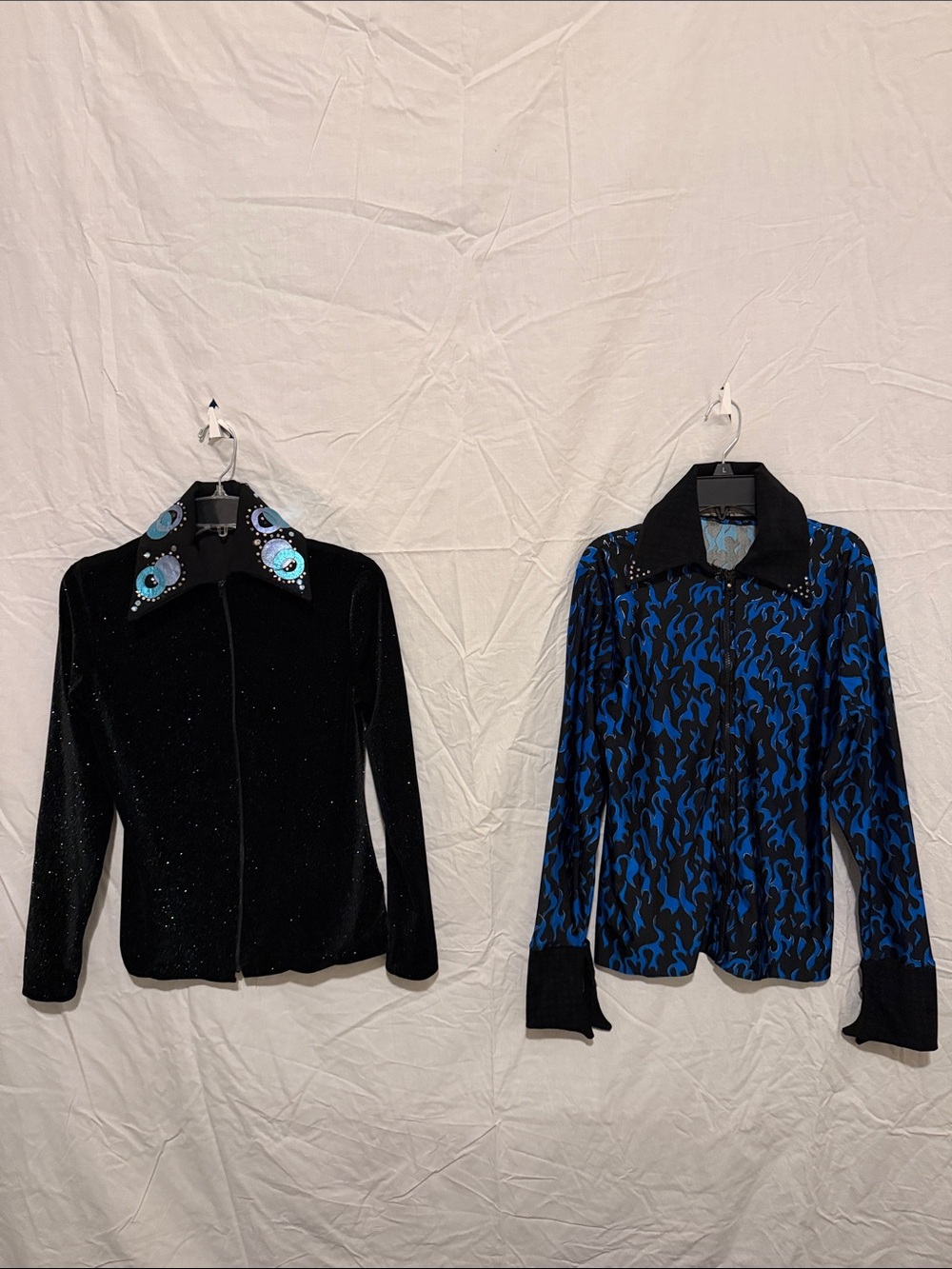 Women Black Velvet Western Show Shirt and Western Black Blue Flames Show Shirt